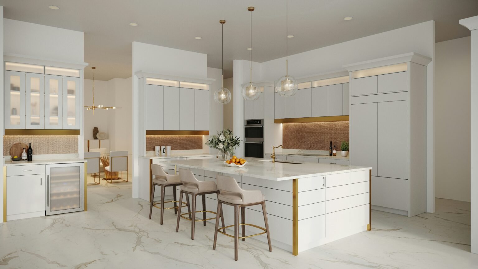 Spacious luxury kitchen with sleek white cabinetry, waterfall-edge quartz island, built-in appliances, pendant globe lights, and warm under-cabinet lighting. The design features modern bar stools, a wine cooler, and polished marble floors, blending elegance with high-end functionality. Kitchen remodeling in Brooklyn