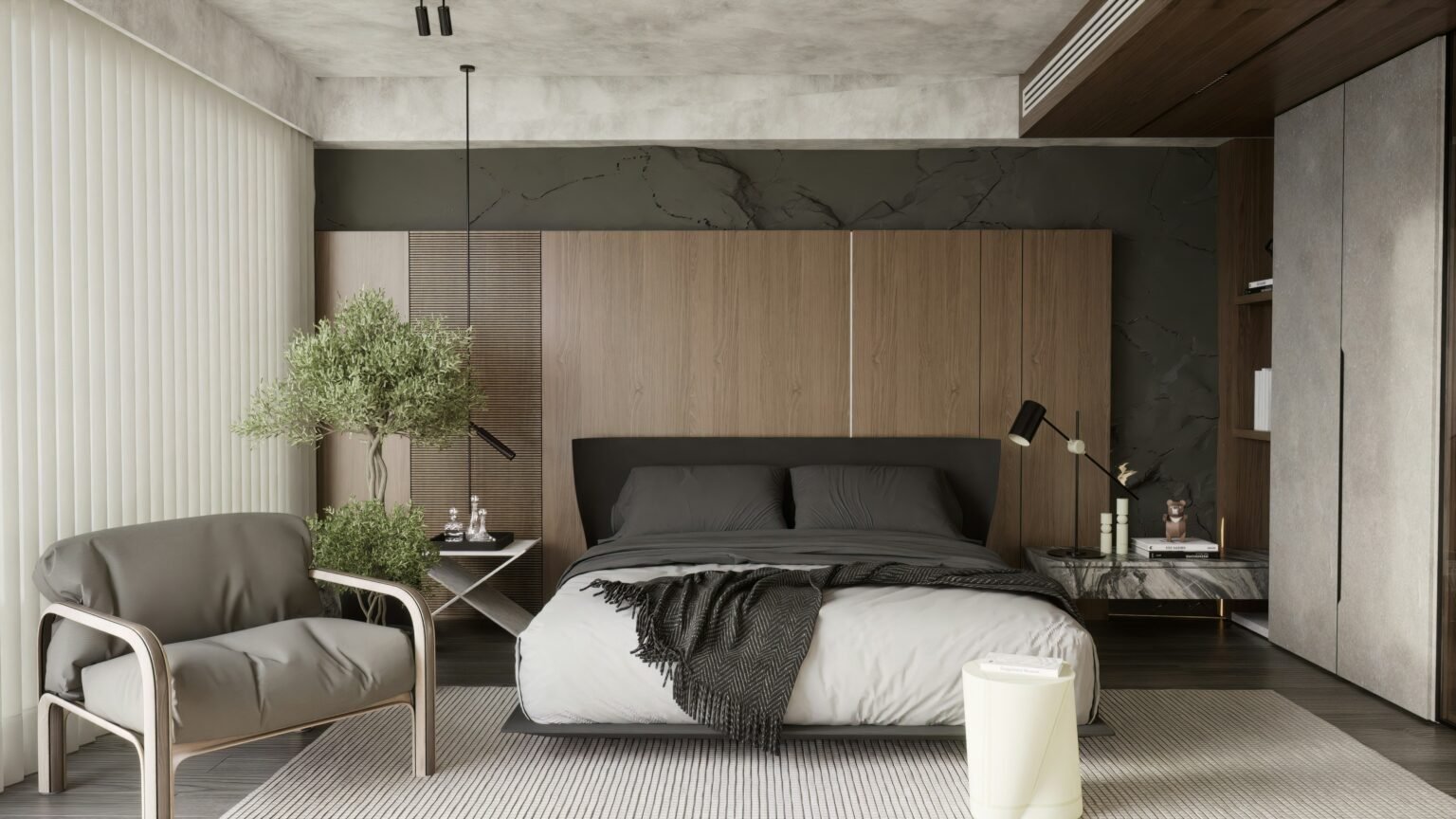 Modern bedroom with minimalist design featuring a low-profile bed, gray bedding, wood-paneled accent wall, marble detailing, hanging pendant lights, and indoor greenery, creating a calm and sophisticated retreat.