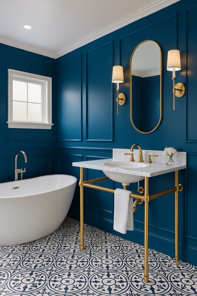 Bathroom with stunning peacock blue walls