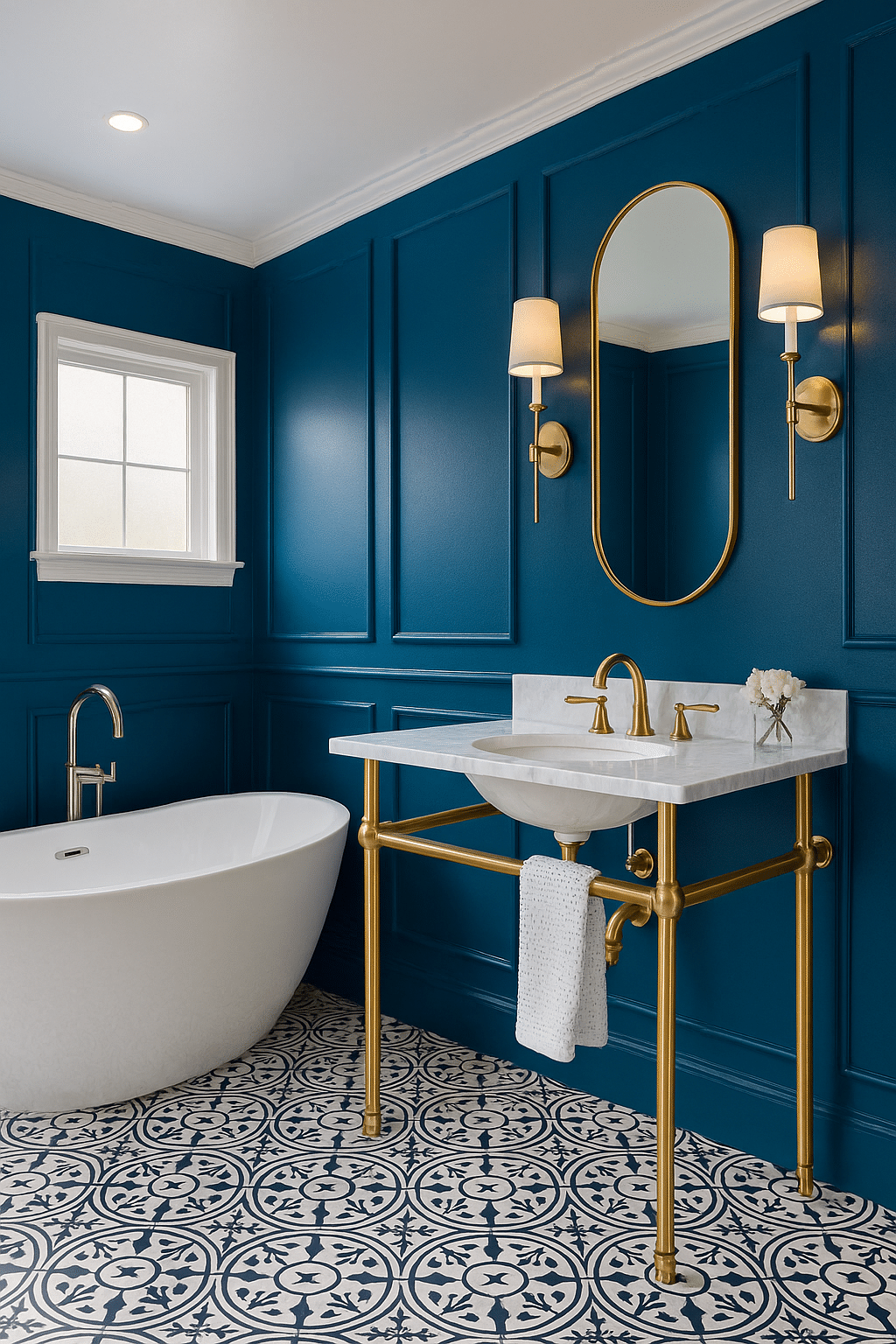 Bathroom with stunning peacock blue walls