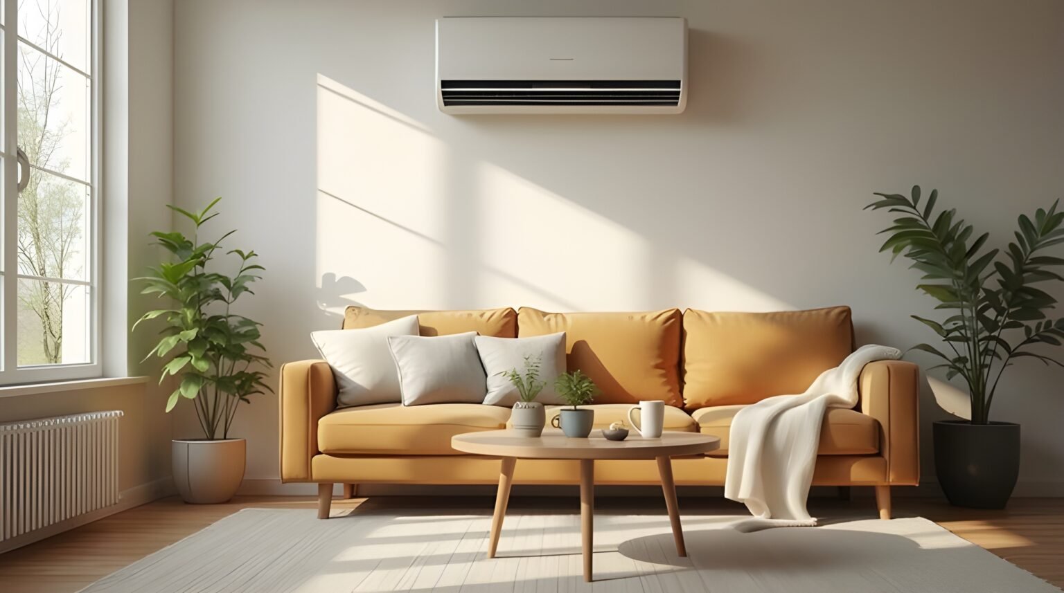 Living room with an orange couch and an electronic wall AC
