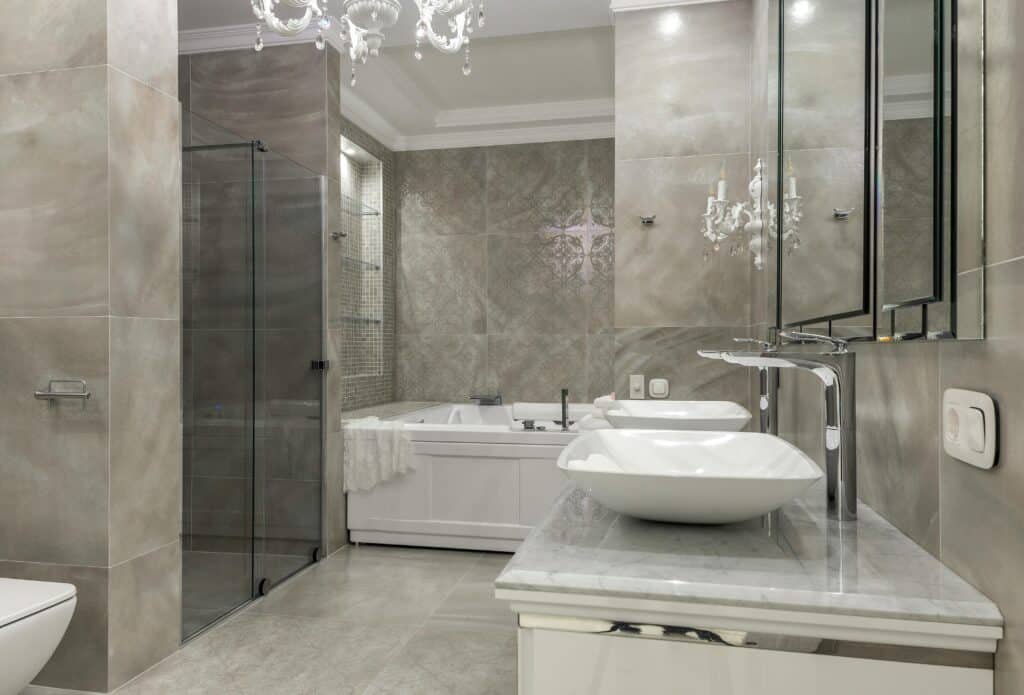 Luxury bathroom with beige marble tile