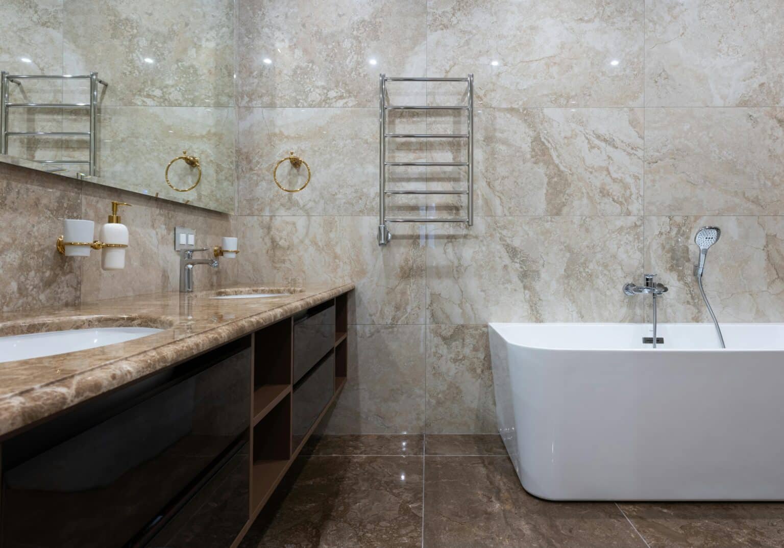 Tile installer in Manhattan. Bathroom with tile floors, walls, and vanity